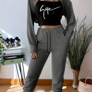 Smile Graphic Two-Piece Lounge Set - Gray